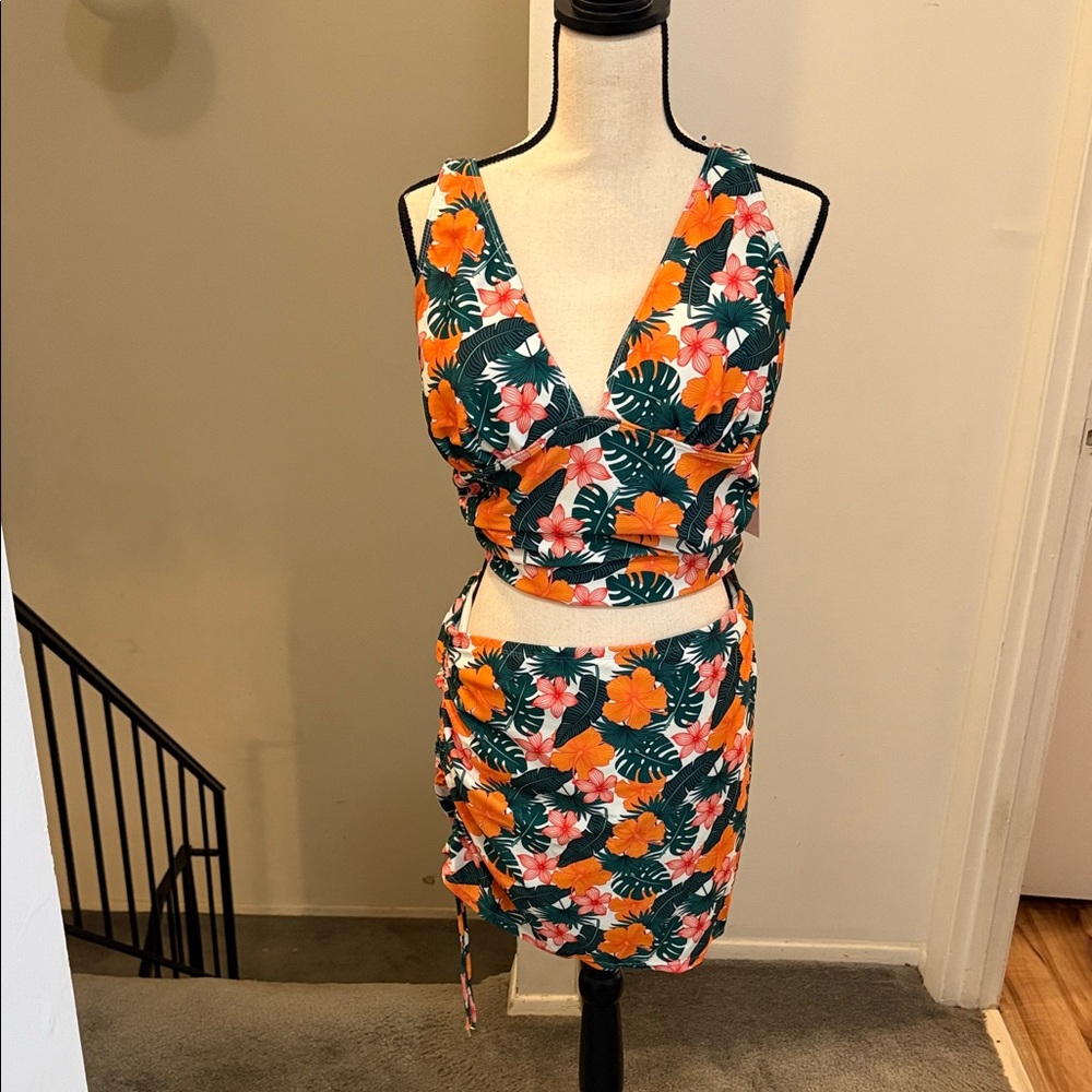 Nicole Miller Tropical Floral Swim Skirt Set - Orange and Green